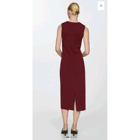 MNG Size 8 Maroon Center Drape Twist Front 100% Cotton Midi Dress - Picture 3 of 11